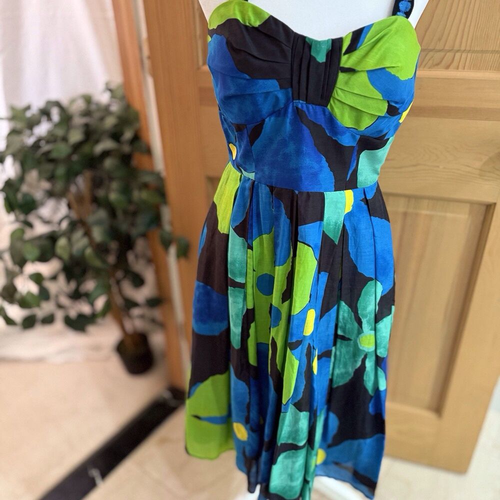 JAX Designer Blue Green Floral Cotton Silk Blend Sundress Size 6‎ Wedding Guest